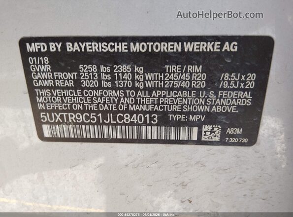 5UXTR9C51JLC84013 2018 BMW X3 Silver Vista del compartimento del motor