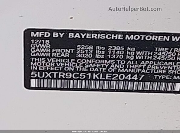 5UXTR9C51KLE20447 2019 BMW X3 Белый Вид подкапотного пространства