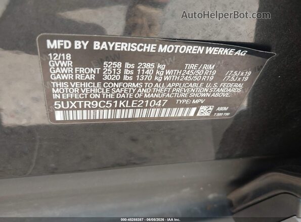 5UXTR9C51KLE21047 2019 BMW X3 Gray 