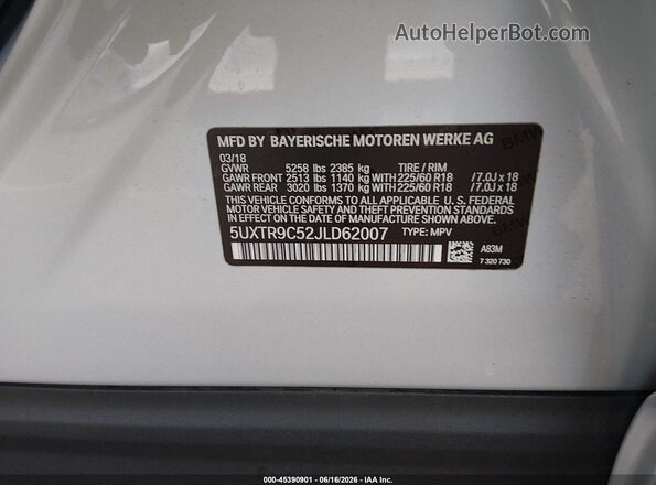 5UXTR9C52JLD62007 2018 BMW X3 Серебряный Вид подкапотного пространства