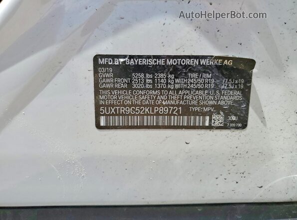 5UXTR9C52KLP89721 2019 BMW X3 White Панорамний вид салону 360°