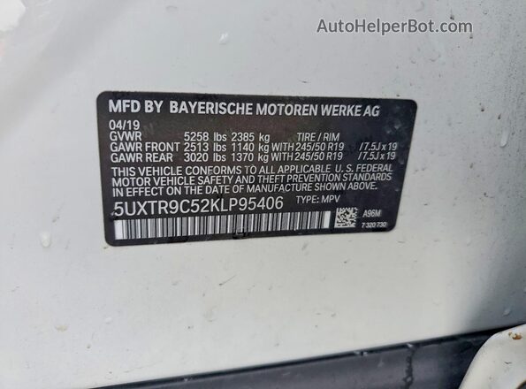 5UXTR9C52KLP95406 2019 BMW X3 White VIN կոդի պիտակի տեսք