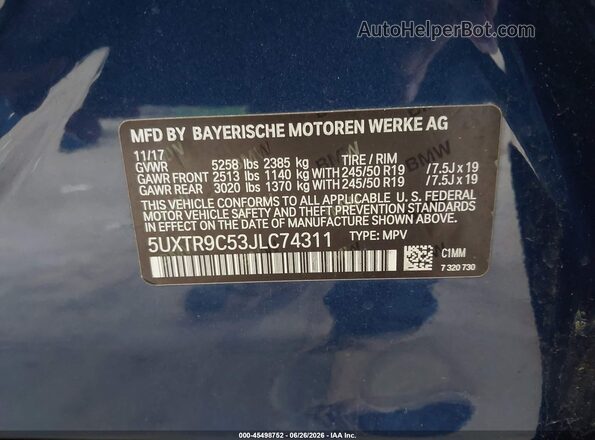 5UXTR9C53JLC74311 2018 BMW X3 Blue Вид підкапотного простору