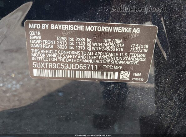 5UXTR9C53JLD65711 2018 BMW X3 Black Вид підкапотного простору
