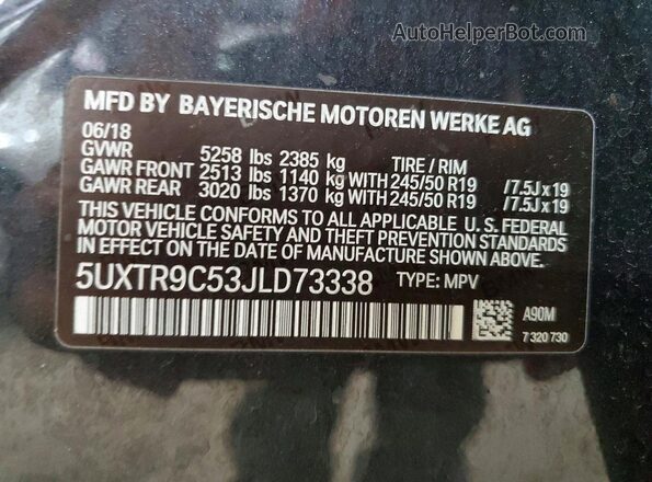 5UXTR9C53JLD73338 2018 BMW X3 Gray Widok naklejki z numerem VIN