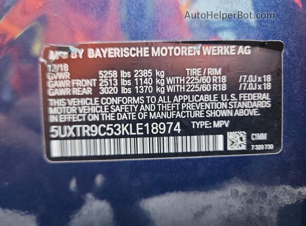 5UXTR9C53KLE18974 2019 BMW X3 Blue VIN sticker view