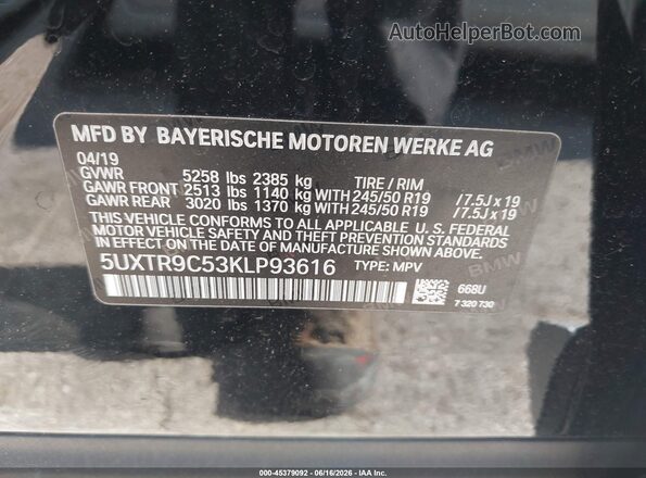 5UXTR9C53KLP93616 2019 BMW X3 Black Engine compartment view