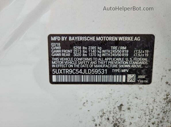 5UXTR9C54JLD59531 2018 BMW X3 White VIN sticker view