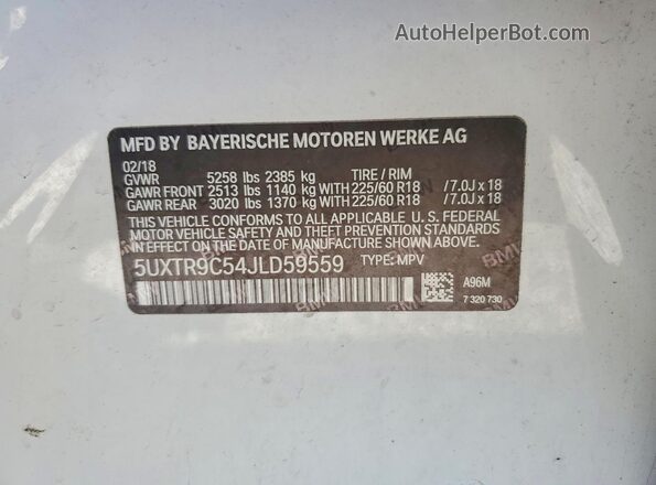 5UXTR9C54JLD59559 2018 BMW X3 White Vista de la etiqueta del VIN