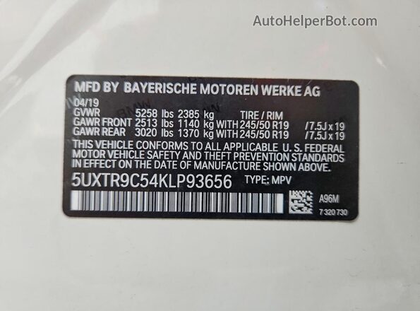 5UXTR9C54KLP93656 2019 BMW X3 White 360 interior view