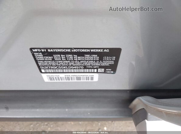 5UXTR9C55KLD94970 2019 BMW X3 Silver ძრავის განყოფილების ხედი