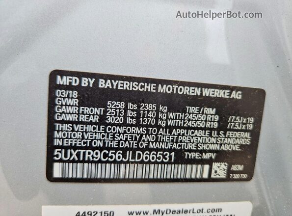 5UXTR9C56JLD66531 2018 BMW X3 Серый Вид наклейки с VIN-кодом