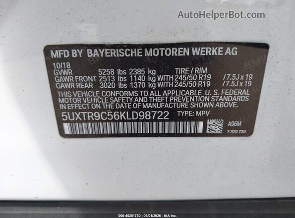 5UXTR9C56KLD98722 2019 BMW X3 White 