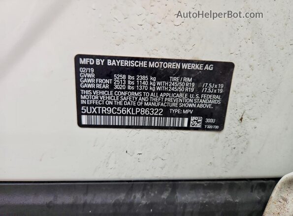5UXTR9C56KLP86322 2019 BMW X3 White 