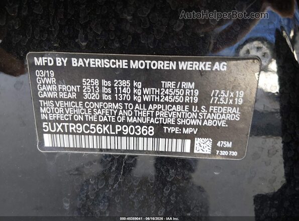 5UXTR9C56KLP90368 2019 BMW X3 Black Vista del compartimento del motor