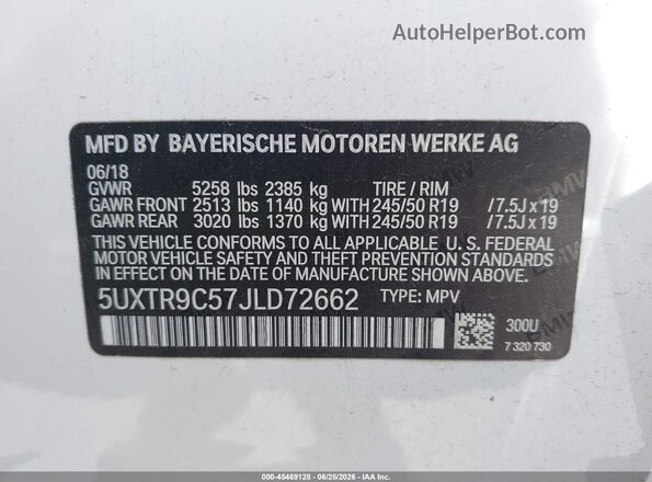 5UXTR9C57JLD72662 2018 BMW X3 White Շարժիչի բաժամունքի տեսք