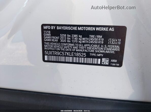5UXTR9C57KLE18525 2019 BMW X3 White Engine compartment view
