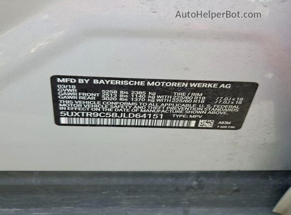 5UXTR9C58JLD64151 2018 BMW X3 Silver VIN կոդի պիտակի տեսք