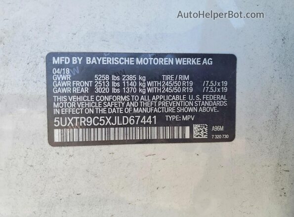 5UXTR9C5XJLD67441 2018 BMW X3 White Vista de la etiqueta del VIN