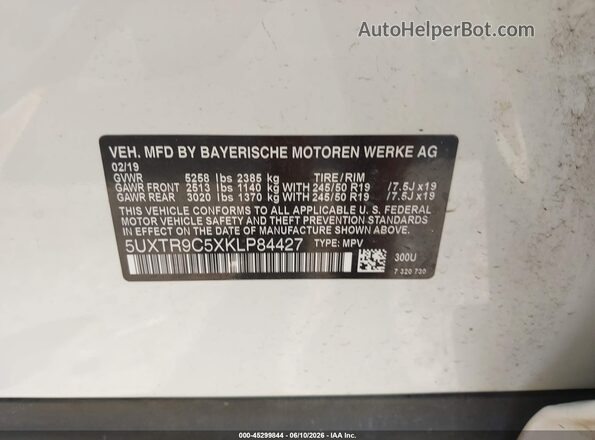 5UXTR9C5XKLP84427 2019 BMW X3 Белый Вид подкапотного пространства
