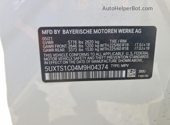 5UXTS1C04M9H04374 2021 BMW X3 Белый 