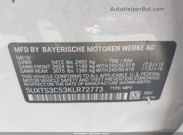 5UXTS3C53KLR72773 2019 BMW X3 White ძრავის განყოფილების ხედი