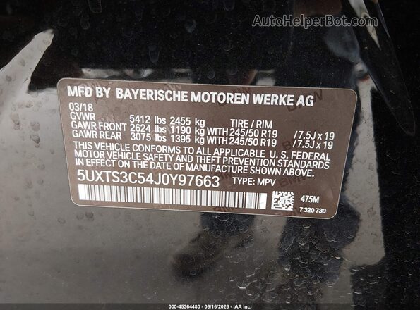 5UXTS3C54J0Y97663 2018 BMW X3 Black Vista del compartimento del motor