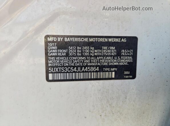 5UXTS3C54JLA45864 2018 BMW X3 White VIN sticker view