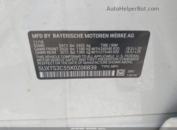 5UXTS3C55K0Z06839 2019 BMW X3 White Vista del compartimento del motor