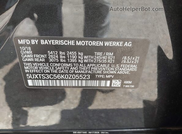 5UXTS3C56K0Z05523 2019 BMW X3 Black Շարժիչի բաժամունքի տեսք