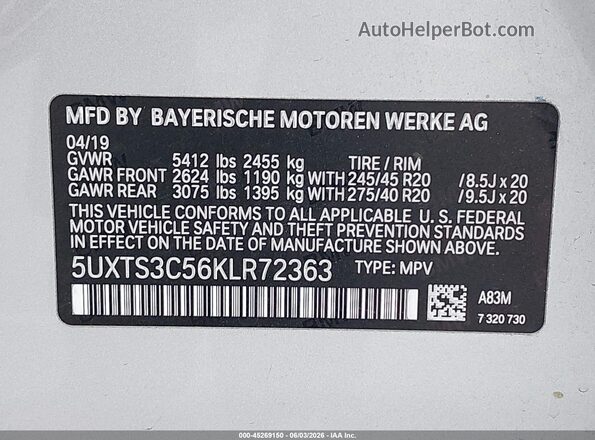 5UXTS3C56KLR72363 2019 BMW X3 Серебряный Вид подкапотного пространства