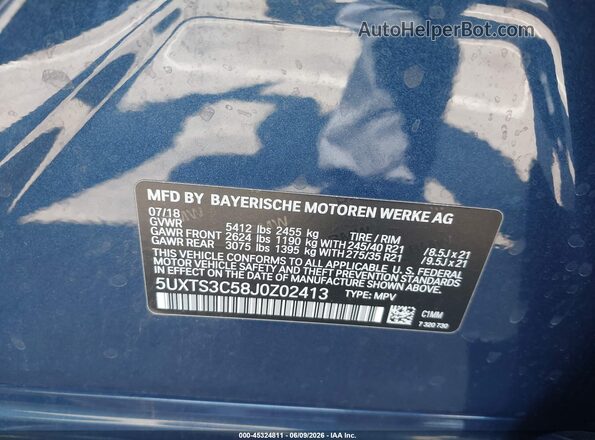 5UXTS3C58J0Z02413 2018 BMW X3 Blue Engine compartment view