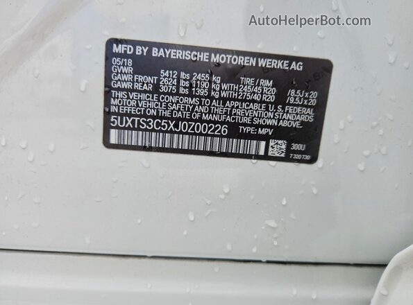 5UXTS3C5XJ0Z00226 2018 BMW X3 White 360 interior view