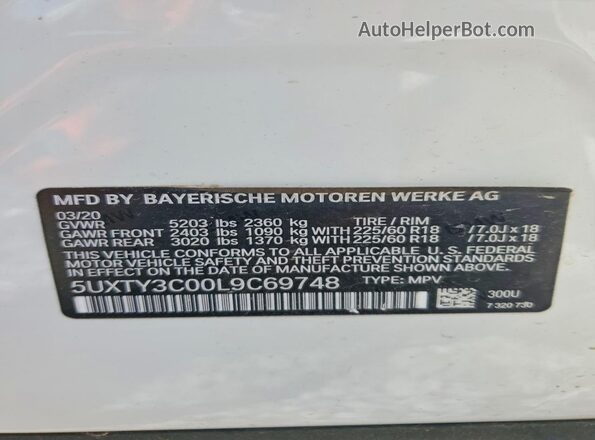 5UXTY3C00L9C69748 2020 BMW X3 White VIN կոդի պիտակի տեսք