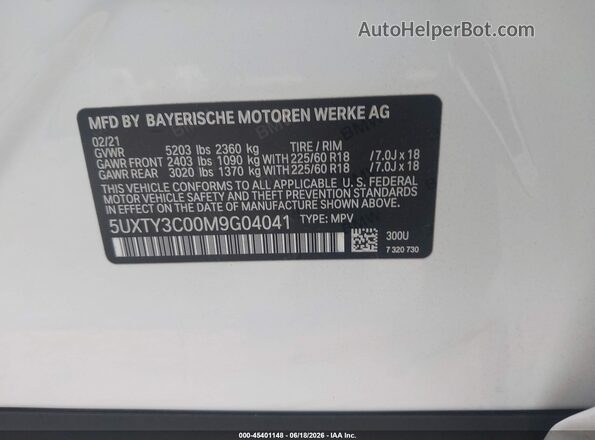 5UXTY3C00M9G04041 2021 BMW X3 White Вид підкапотного простору
