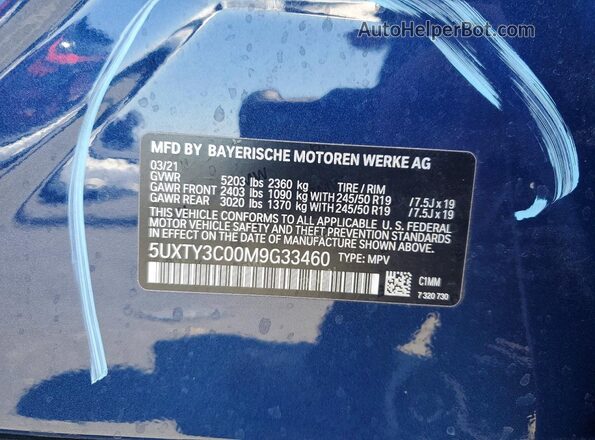 5UXTY3C00M9G33460 2021 BMW X3 Blue Vista interior de 360 grados