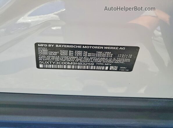 5UXTY3C00M9H83259 2021 BMW X3 White 