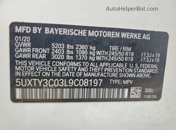 5UXTY3C03L9C08197 2020 BMW X3 White 