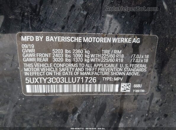 5UXTY3C03LLU71726 2020 BMW X3 Black ძრავის განყოფილების ხედი