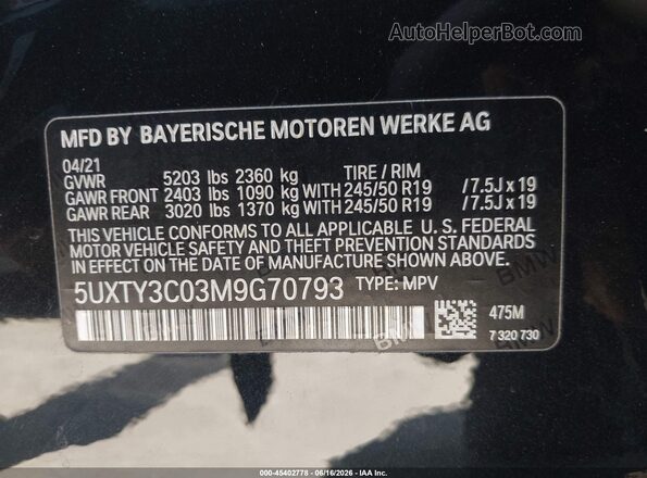 5UXTY3C03M9G70793 2021 BMW X3 Black Vista del compartimento del motor