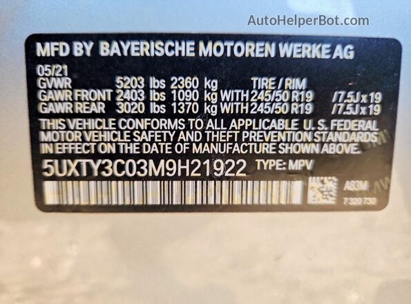 5UXTY3C03M9H21922 2021 BMW X3 Silver Вид наклейки з VIN-кодом
