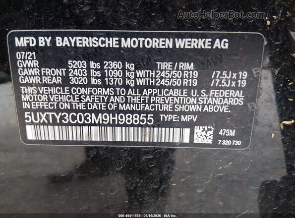 5UXTY3C03M9H98855 2021 BMW X3 Черный Вид подкапотного пространства