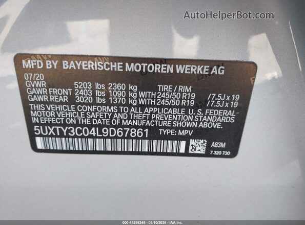 5UXTY3C04L9D67861 2020 BMW X3 Silver ძრავის განყოფილების ხედი
