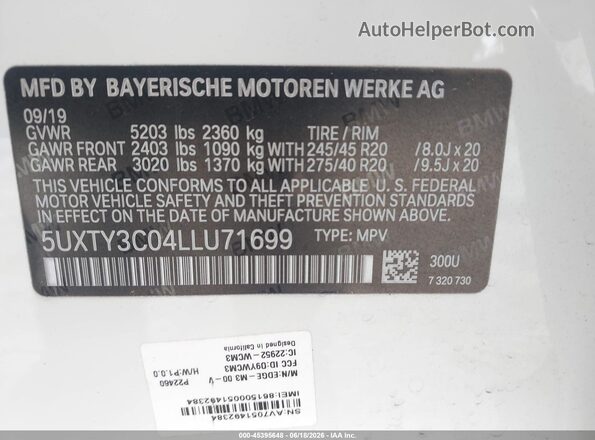 5UXTY3C04LLU71699 2020 BMW X3 White Вид підкапотного простору