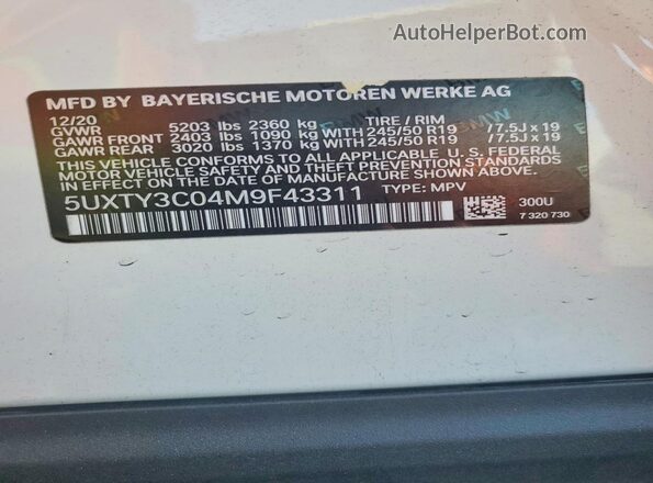 5UXTY3C04M9F43311 2021 BMW X3 White 