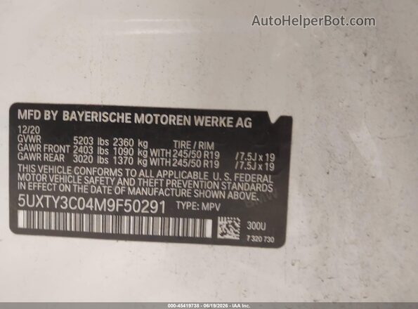 5UXTY3C04M9F50291 2021 BMW X3 White Вид підкапотного простору