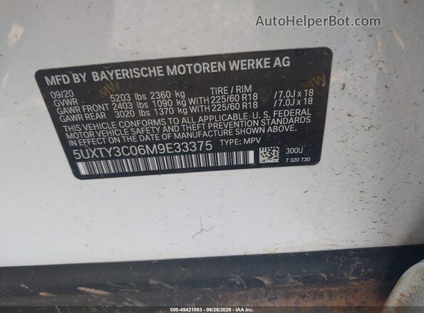 5UXTY3C06M9E33375 2021 BMW X3 White Շարժիչի բաժամունքի տեսք