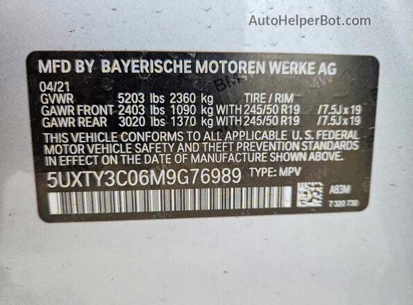 5UXTY3C06M9G76989 2021 BMW X3 Silver VIN sticker view