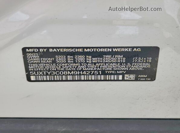 5UXTY3C08M9H42751 2021 BMW X3 White 