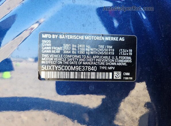 5UXTY5C00M9E37840 2021 BMW X3 Blue 360 interior view